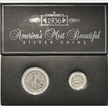 >America's Most Beautiful Silver Coins - U.S. 1936 Walking Liberty Half Dollar & 1936 Mercury Dime - 2 Silver Coins