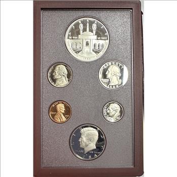 >1984-S U.S. Mint Olympic Prestige Set - 6 Coins Including Silver Gateway One Dollar - Stunning Set in Leather Book!