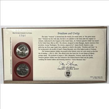 * 2001 (P&D) Vermont Quarter Dollar 1st Day Cover-2 Quarters & 34 c. Statue of Liberty Stamp-Freedom & Unity (and Maple Syrup)