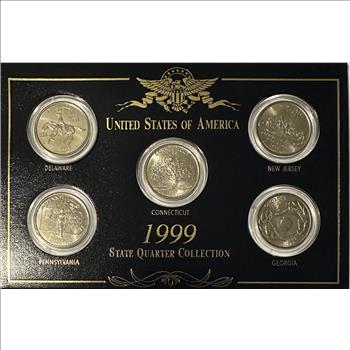>1999 U.S. State Quarter Collection - (D) PA and (P) DE, CT, NJ & GA - 5 State Quarters in Custom Display Card