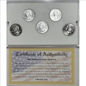 2001-P U.S. Platinum Edition State Quarter Collection - 5 Platinum Layered Quarters with COA - NY, RI, KY, NC & VT