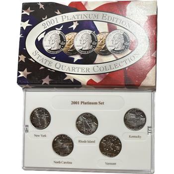 2001-P U.S. Platinum Edition State Quarter Collection - 5 Platinum Layered Quarters with COA - NY, RI, KY, NC & VT