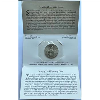 1988 Republic of the Marshall Islands Space Shuttle Discovery $5 Commemorative Coin in Educational Tri-Fold