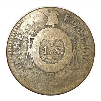 1793 France First Republic 1 Sol Coin - Only Year of Issue - Very Early Dated Coin