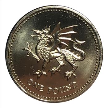 *1995 Wales Royal Mint Brilliant Uncirculated One Pound Coin with Dragon on Reverse and Queen's Portrait on Obverse - Trifold