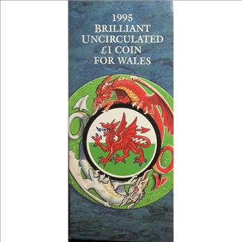 *1995 Wales Royal Mint Brilliant Uncirculated One Pound Coin with Dragon on Reverse and Queen's Portrait on Obverse - Trifold