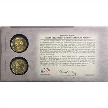 >2007-P&D U.S. Mint Limited Edition Coin Cover -  James Madison Presidential $1 Coins - First Day Issue - 2 Coins