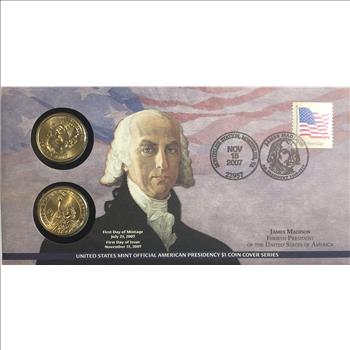 >2007-P&D U.S. Mint Limited Edition Coin Cover -  James Madison Presidential $1 Coins - First Day Issue - 2 Coins