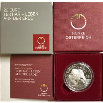 >2014 Austria Silver Proof Republic of Osterreich 20 Euro Coin - Prehistoric Life - Tertiar - Box & COA #20523 of 50,000