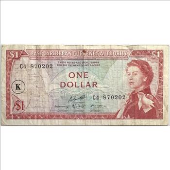 1965 Issue East Caribbean Dollar Banknote with a Portrait of a Young Queen Elizabeth II on Front Side