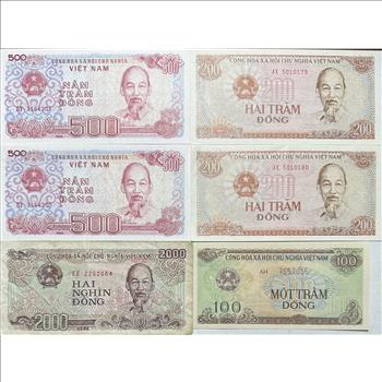 Vietnam Paper Currency - 6 Vibrant, Very Crisp 100, 200, 500 and 2000 Dong Banknotes, 4 with Sequential Serial Numbers!
