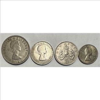 Great Britain Coins - 1967 Two Shillings, 1953 One Shilling, 1980 New Pence and 1966 Six Pence - Nice Set of 4 Coins