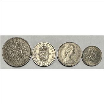 Great Britain Coins - 1967 Two Shillings, 1953 One Shilling, 1980 New Pence and 1966 Six Pence - Nice Set of 4 Coins