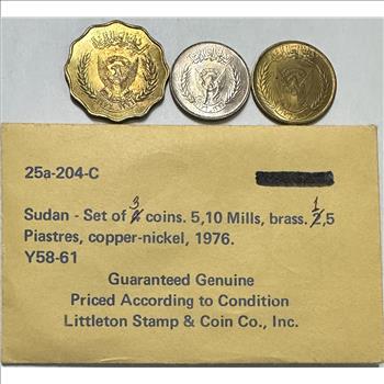 1976 Sudan 5 & 10 Mills and a 5 Piastres - Littleton Stamp & Coin Company - and 1941 Netherlands Silver 10 Cents - 4 Coins