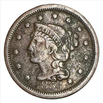 >1854 U.S. Braided Hair Large Cent With Full Liberty Band