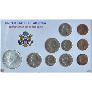 - 1969 (D,S&P) U.S. Complete Mint Set of 1969 Coins - 10 Coins including 1969-D Silver Kennedy Half