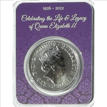 - 1926 - 2022 Great Britain 1 Ounce Fine Silver 2 Pound Coin - Celebrating Life & Legacy of Queen Elizabeth II