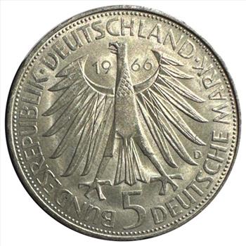 - 1966-D Germany Silver Large 5 Marks - Gottfried Wilhelm Leibniz