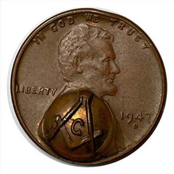* 1947-D U.S. Lincoln Wheat Cent with Raised Masonic Compass & Square Counter Stamp