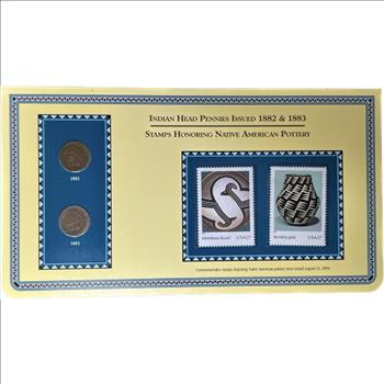 *1882 & 1883 U.S. Indian Head Cents & Stamps Honoring Native American Pottery on Frameable Collector's Panel