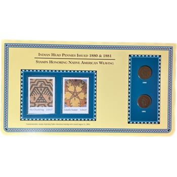 *1880 & 1881 U.S. Indian Head Cents & Stamps Honoring Native American Weaving on Frameable Collector's Panel