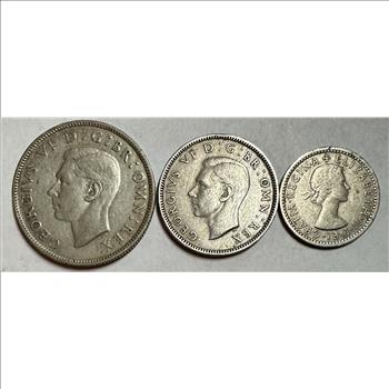 >Great Britain Coins - 1943 Two Shillings, 1948 One Shilling and 1954 Six Pence - Nice Set of 3 Coins