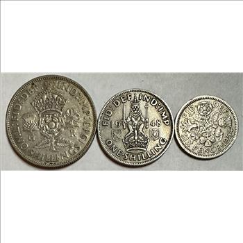>Great Britain Coins - 1943 Two Shillings, 1948 One Shilling and 1954 Six Pence - Nice Set of 3 Coins