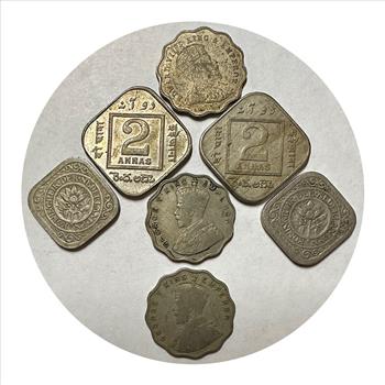 >1914 Netherland 5 Cents (2) and 1910-1920 India 1 and 2 Annas (5) - 7 Scalloped Edge Round and Square Coins!