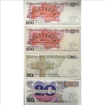 Poland Paper Currency - (2) 100 Zlotych, a 50 and a 20 Zlotych Note - 4 Crisp and Colorful Banknotes