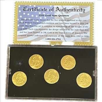 . 1999 U.S. Gold Edition State Quarter Collection - 5 State Quarters Layered in 24k Gold