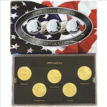 . 1999 U.S. Gold Edition State Quarter Collection - 5 State Quarters Layered in 24k Gold