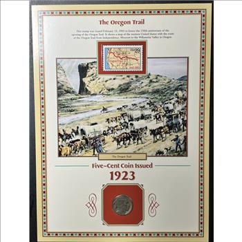 * 1923 U.S. Buffalo Nickel & 1993 29¢ Stamp - The Oregon Trail - Coin & Stamp on Collector's Panel