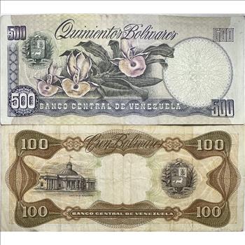 >Venezuela 500 and 100 Bolivares Banknotes - 2 Crisp, Colorful Notes - Portrait of Simon Bolivar, Capital, Orchids - Beautiful