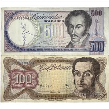 >Venezuela 500 and 100 Bolivares Banknotes - 2 Crisp, Colorful Notes - Portrait of Simon Bolivar, Capital, Orchids - Beautiful
