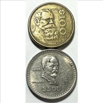 Pair of Mexico Peso Coins - 1984 Mo $100 Pesos and 1986 Mo $500 Pesos
