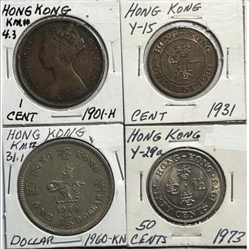 1901, 1931, 1960 & 1973: Hong Kong Selection of Cents 50 Cent & Dollar - 4 Coins