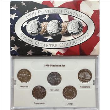1999 U.S. Platinum State Quarters Set - Delaware, Pennsylvania, New Jersey, Georgia and Connecticut