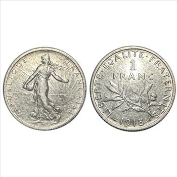 Lot of (17) France Coins, Various Dates Including 1918 Silver 1 Franc Coin, Lustrous