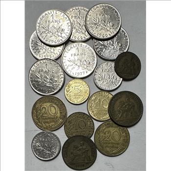 Lot of (17) France Coins, Various Dates Including 1918 Silver 1 Franc Coin, Lustrous