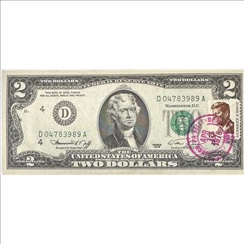 >1976 Series Crisp Two Dollars ($2) Federal Reserve Note - First Day Issue Pittsburgh, PA with John F Kennedy Stamp