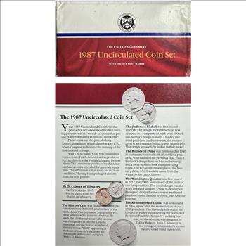 - 1987 (D&P) U.S. Mint Uncirculated Coin Set - 10 Coins in Original Mint Packaging with 2 Mint Tokens and COA