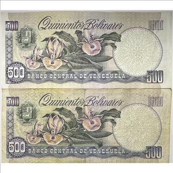 >1989 Venezuela 500 Bolivares Banknotes - 2 Crisp, Colorful Notes with Portrait of Simon Bolivar and Orchids - Beautiful