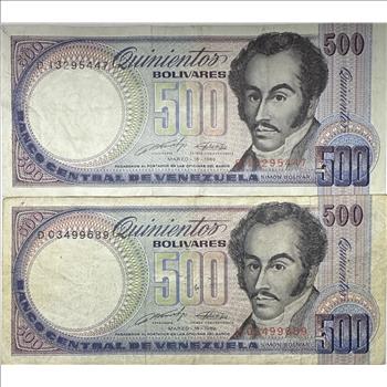 >1989 Venezuela 500 Bolivares Banknotes - 2 Crisp, Colorful Notes with Portrait of Simon Bolivar and Orchids - Beautiful