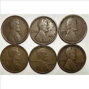 >(6) U.S. Lincoln Wheat Cents - 1910, 1912, 1913, 1917-D, 1918 and 1920 - 6 Early Dated Cents