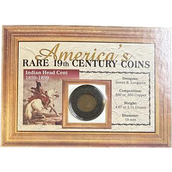 >1890 U.S. Indian Head One Cent - America's Rare 19th Century Coins - In Custom Display Panel