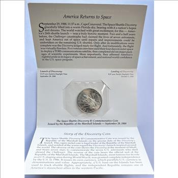 1988 Republic of the Marshall Islands Space Shuttle Discovery $5 Commemorative Coin in Educational Tri-Fold