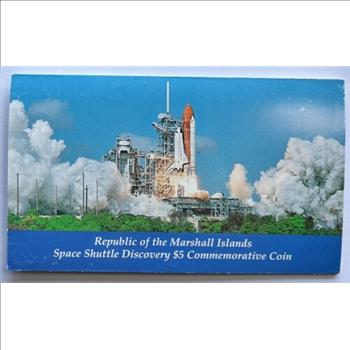 1988 Republic of the Marshall Islands Space Shuttle Discovery $5 Commemorative Coin in Educational Tri-Fold