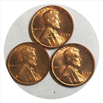 >1957 & 1958 U.S. Lincoln Wheat Cents & 1959 Lincoln Memorial Cent - Brilliant Uncirculated - 3 Coins