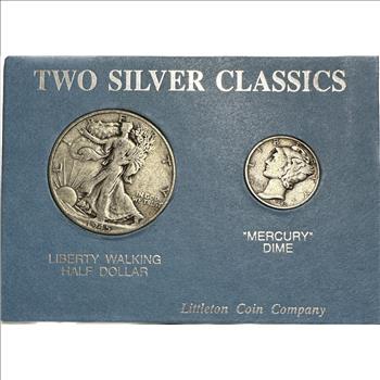 >Two Silver Classics - U.S. 1945 Silver Walking Liberty Half Dollar and 1942 Silver Mercury Dime - 2 Coins in Custom Holder