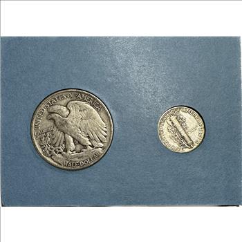 >Two Silver Classics - U.S. 1945 Silver Walking Liberty Half Dollar and 1942 Silver Mercury Dime - 2 Coins in Custom Holder
